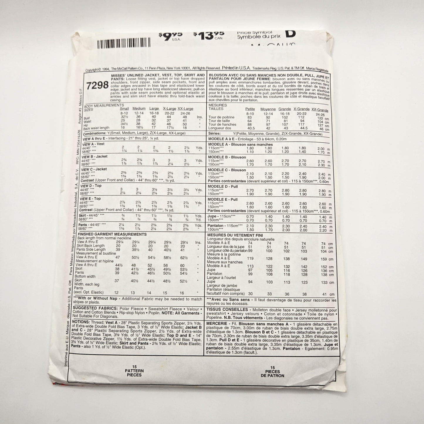 McCall's 7298 | Sizes XL-XXL | Sewing Pattern